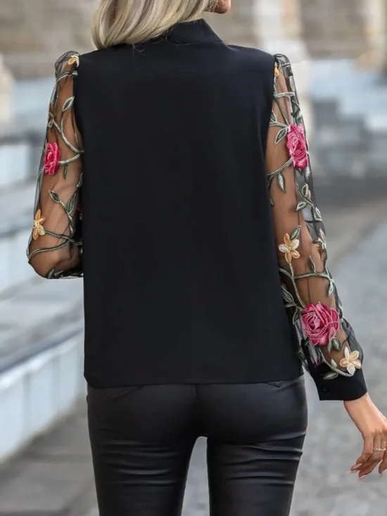 Black Tie-Neck Blouse with Floral Sheer Sleeves - Picture 2 of 5